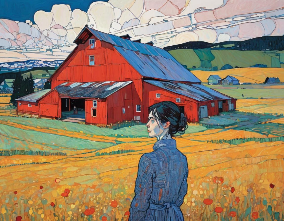 Woman by a Red Barn in Expressive Style