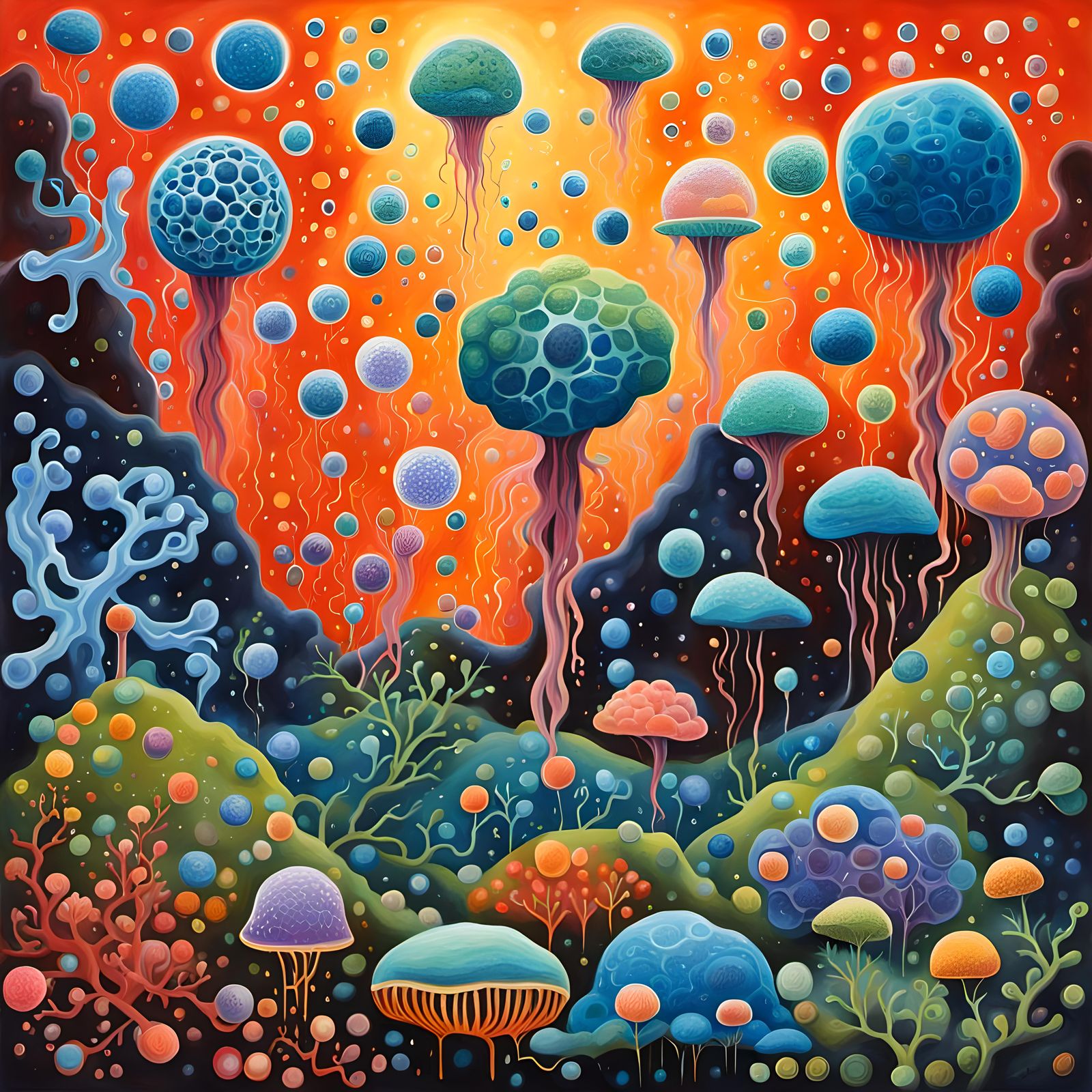 Detailed Gouache Painting of Cellular Microcosm