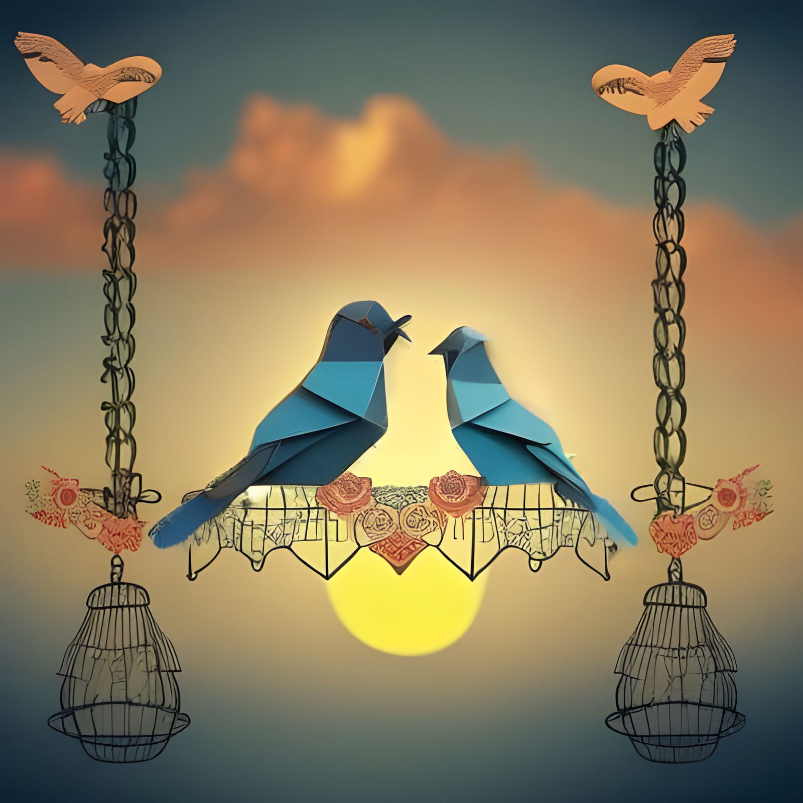 Blue Origami Birds in Flight: Minimalist Paper Art