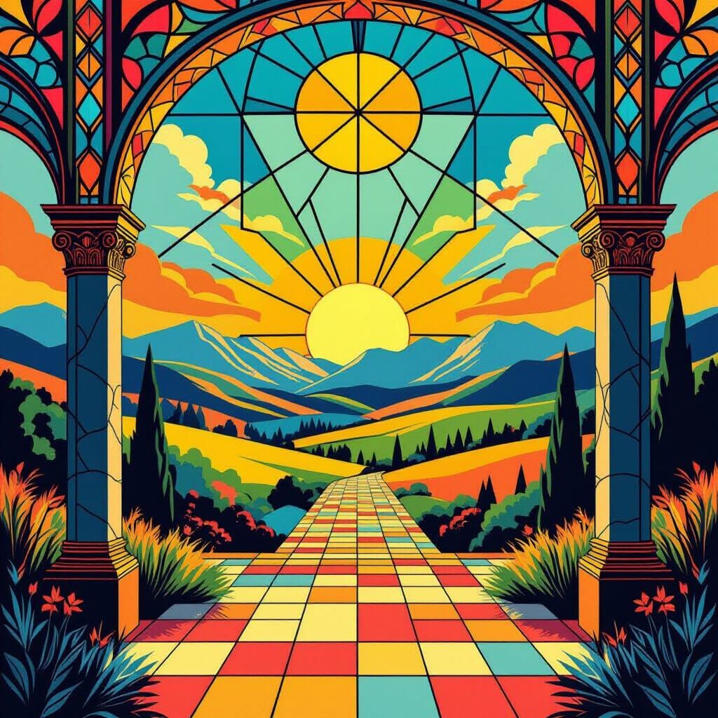 Vibrant Landscape with Stained Glass, Pop Art Style