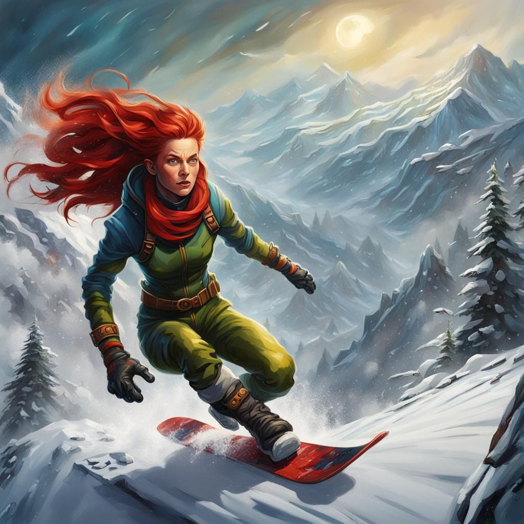 X-Men Rogue Snowboarding: Detailed Matte Oil Painting
