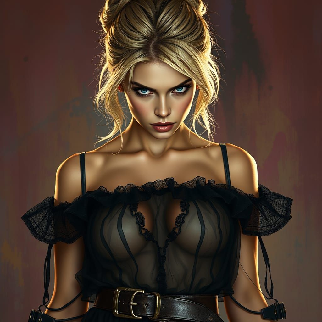 Hyperrealistic Portrait of a Blond Woman in Ripped Tulle Blo...