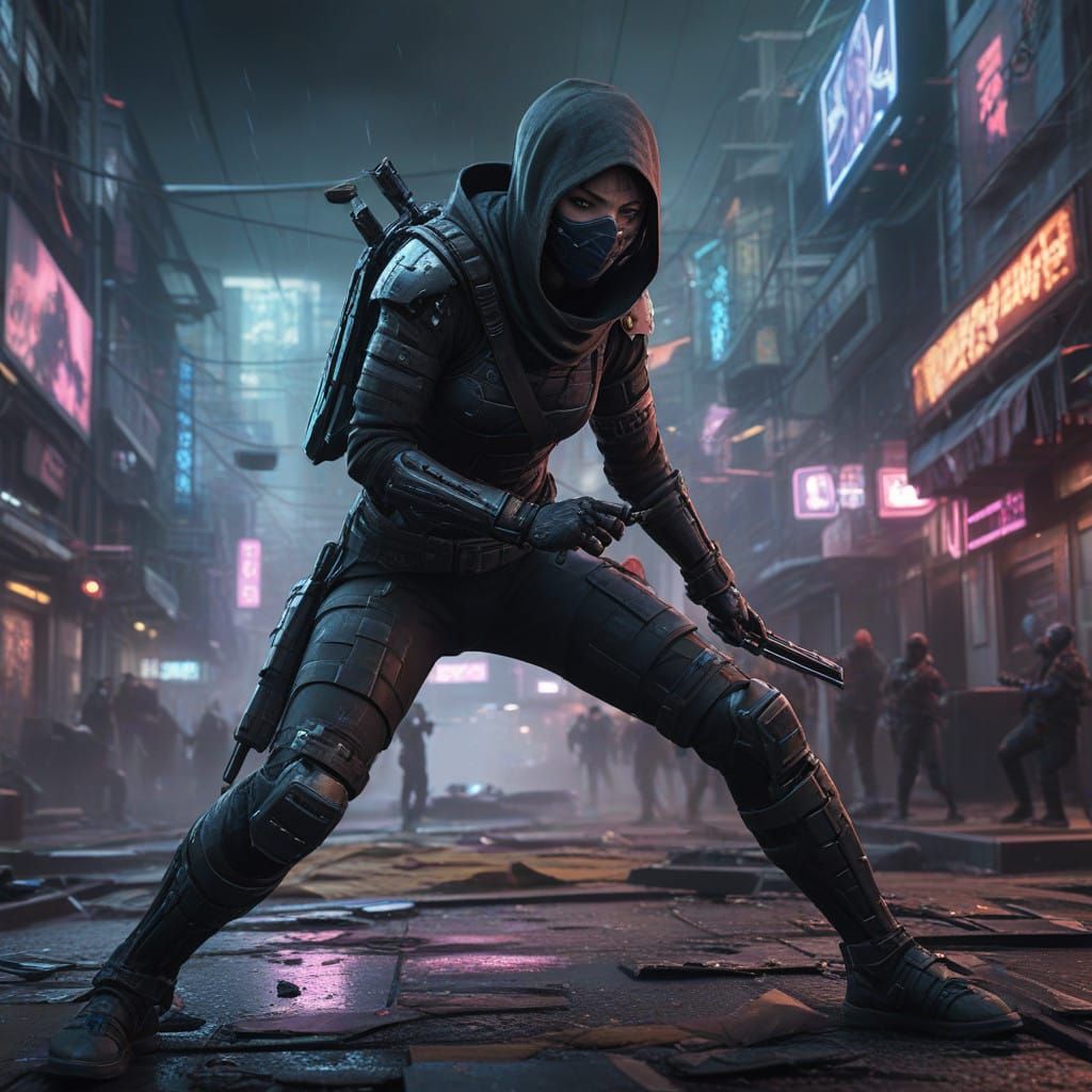Cyberpunk Ninja Goddess in Dazzling Peril