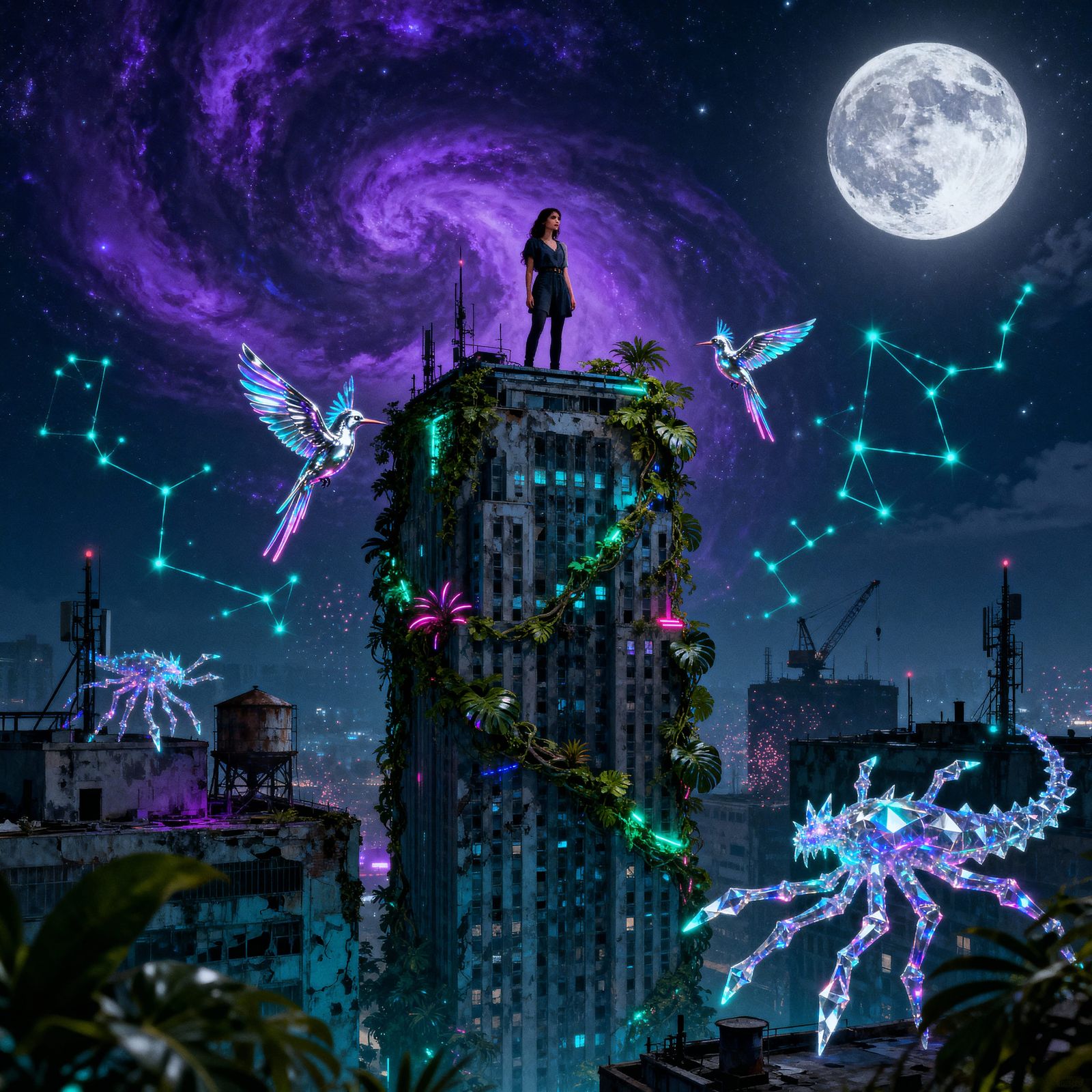 Woman on Skyscraper Rooftop with Surreal Jungle