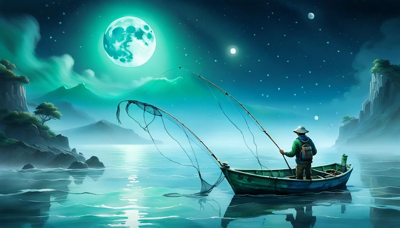 Fisherman Casting Net Under Moonlight in Naive Art