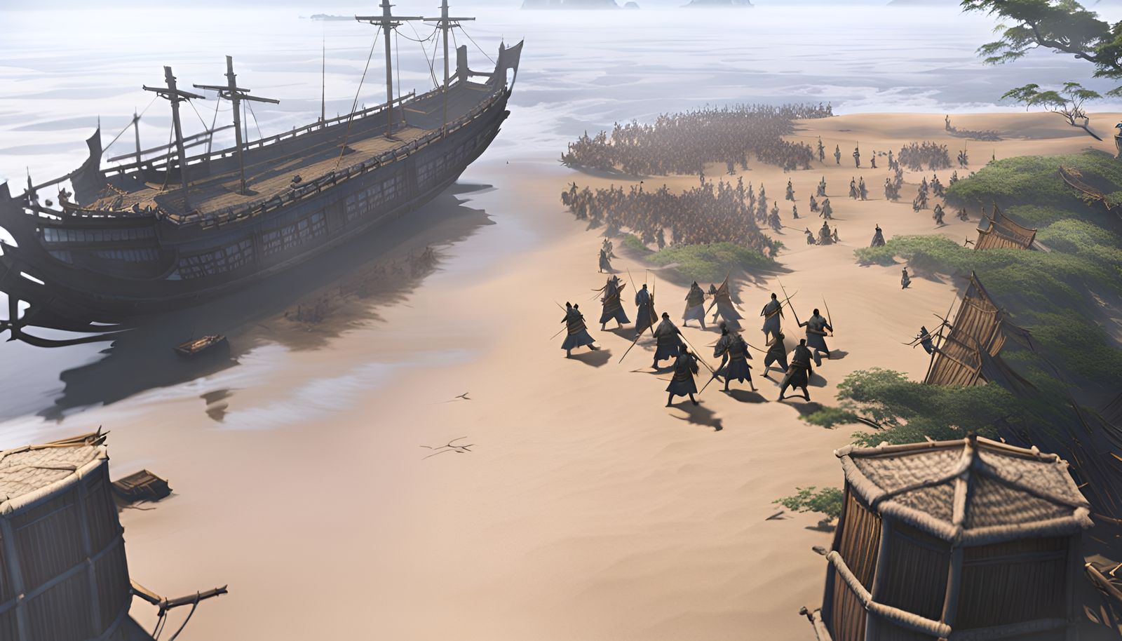 Samurai Warriors Clash on Beach Near Sea Galley