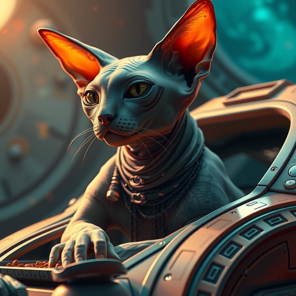 Sphinx Cat on Spaceship Portrait in Digital Art Style