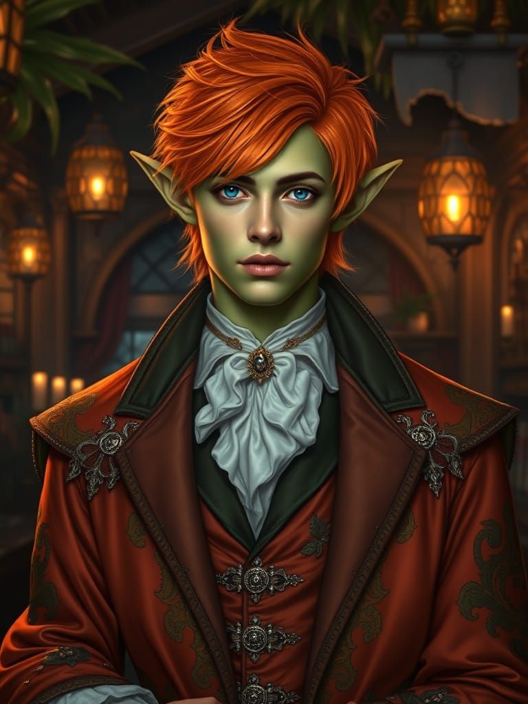 Exotic Green Elf in Victorian Fantasy Attire