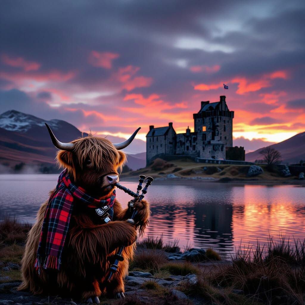 Highland Cow Plays Bagpipes by Scottish Castle at Dawn