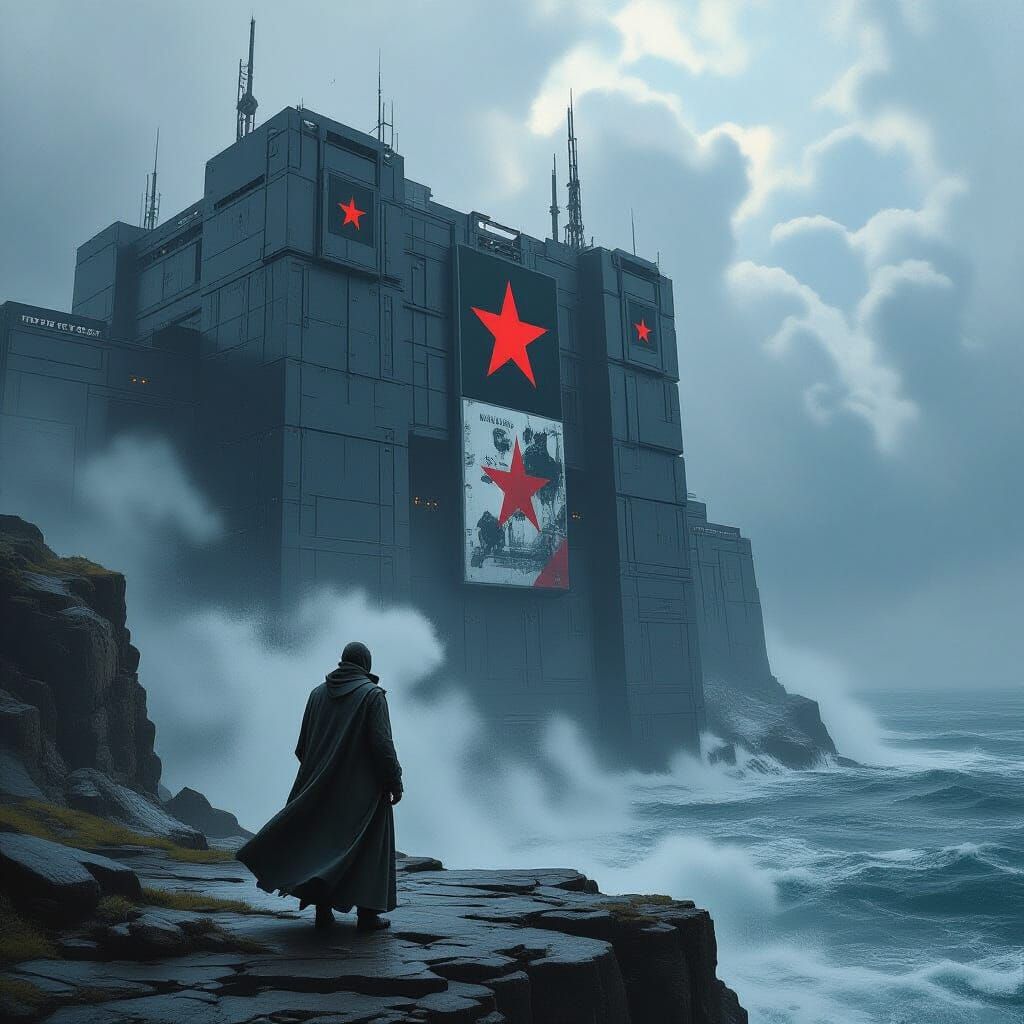 Futuristic Fortress on Island Cliff in Gritty Style