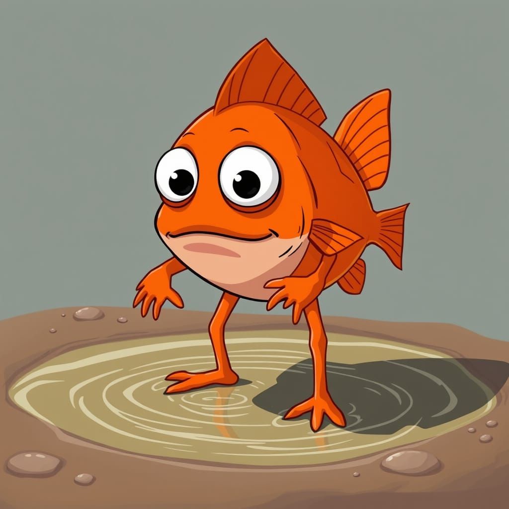 Hyperrealistic Orange Fish with Legs in 2D Style