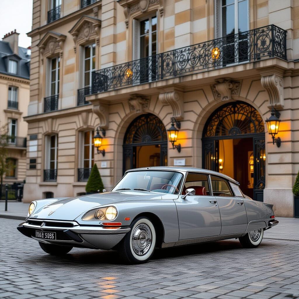 Futuristic Citroën DS in Paris, in Syd Mead Style
