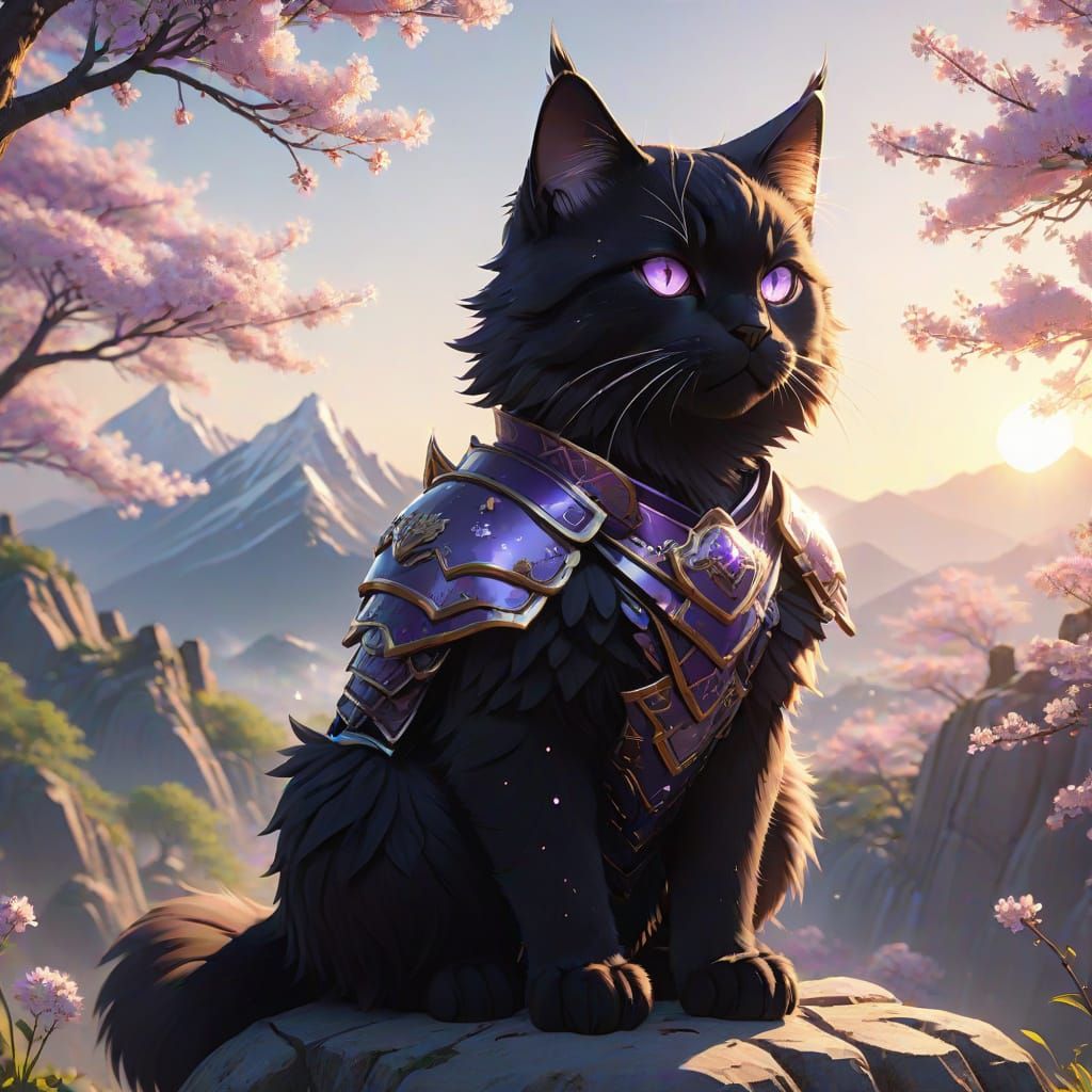 Anime Warrior Cat with Purple Eyes in Armor
