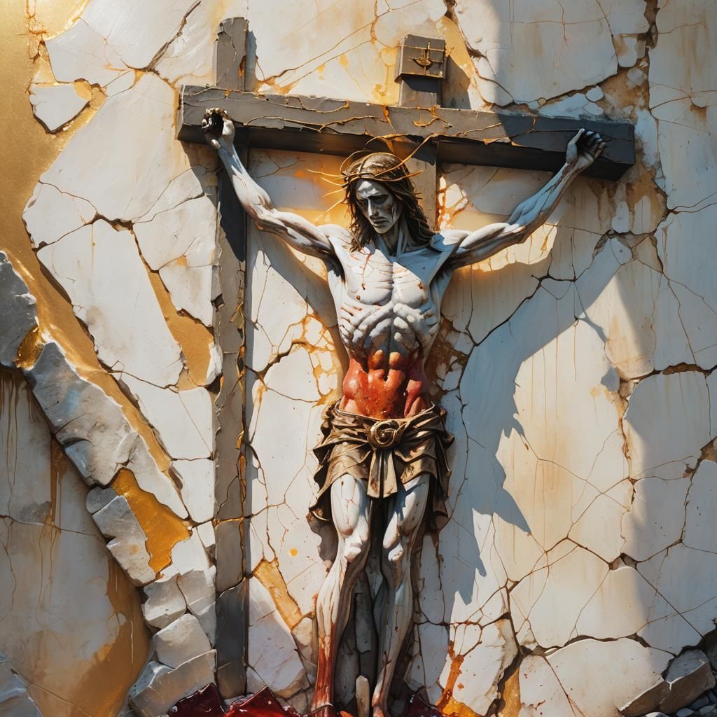 Figure Crucified on Gleaming White Wall