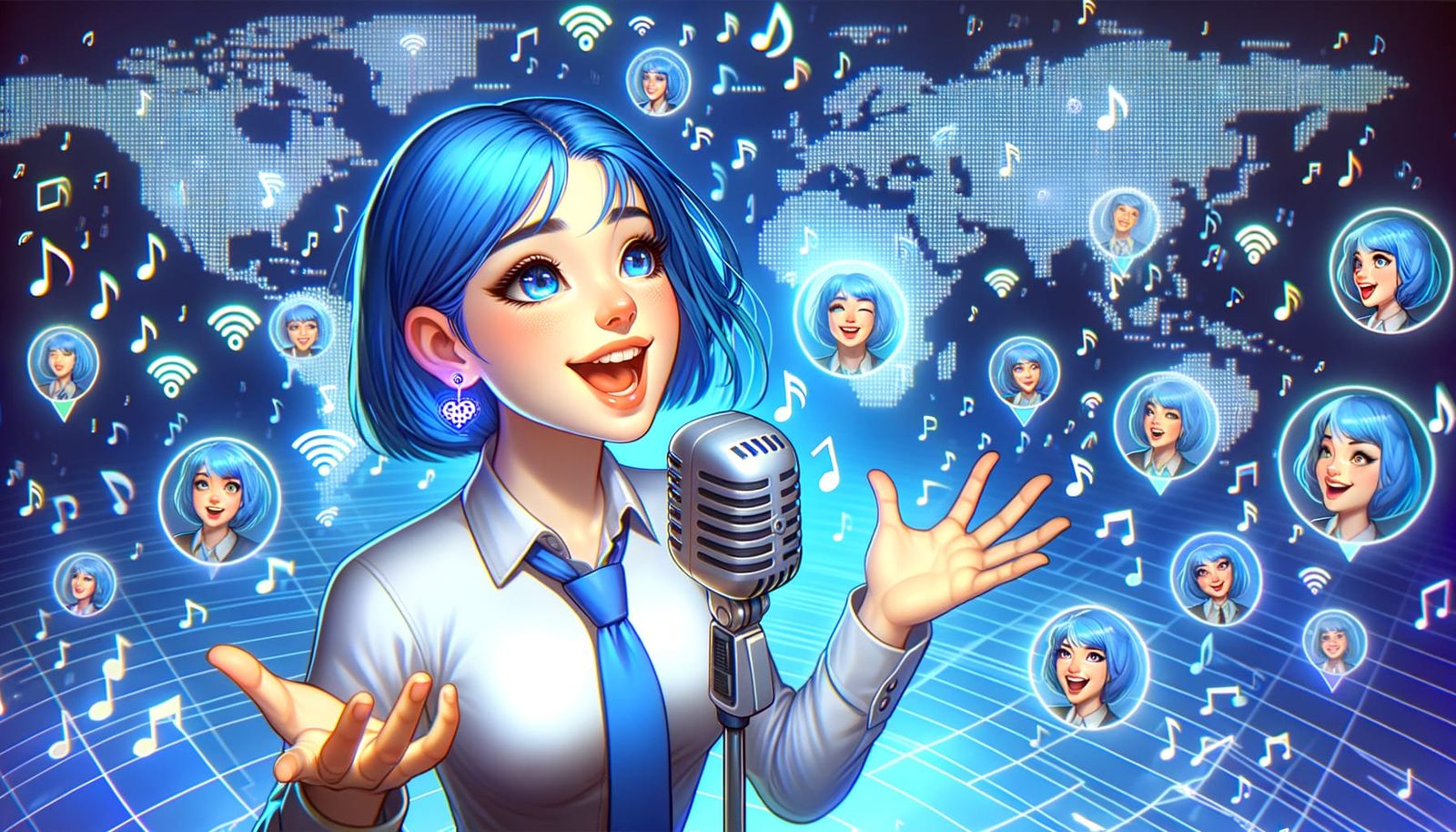 Joyful Digital Diva in Cyberpunk Style