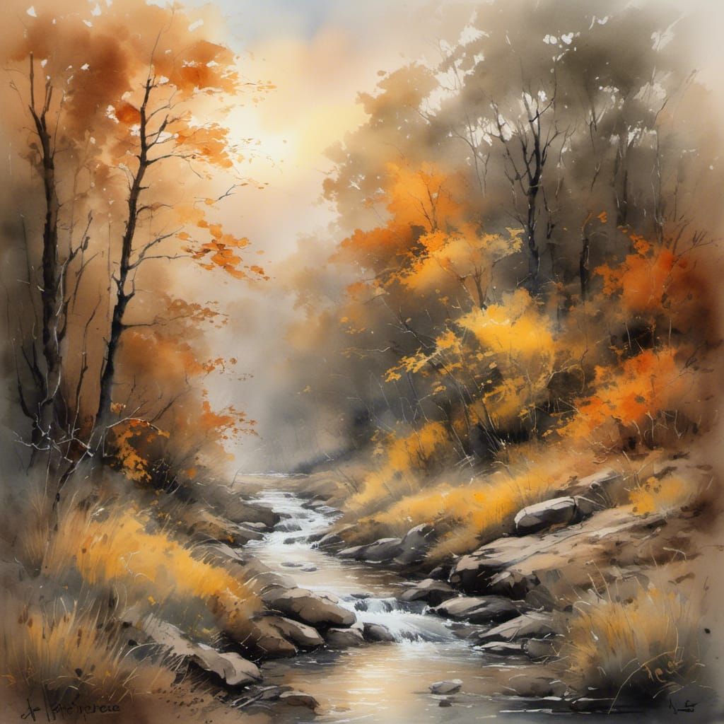 Misty Sunrise Stream in Watercolor Style