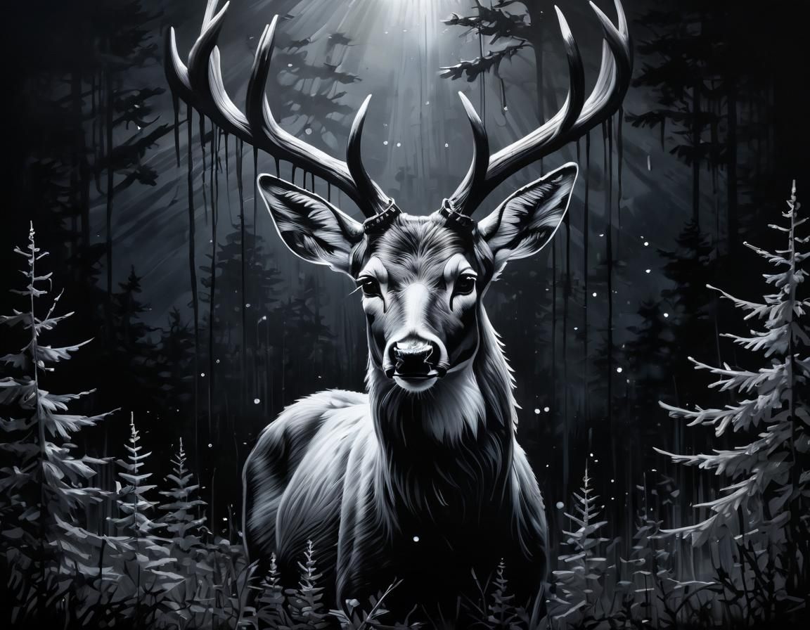Black Deer Painting with Silver Highlights in Grunge Style