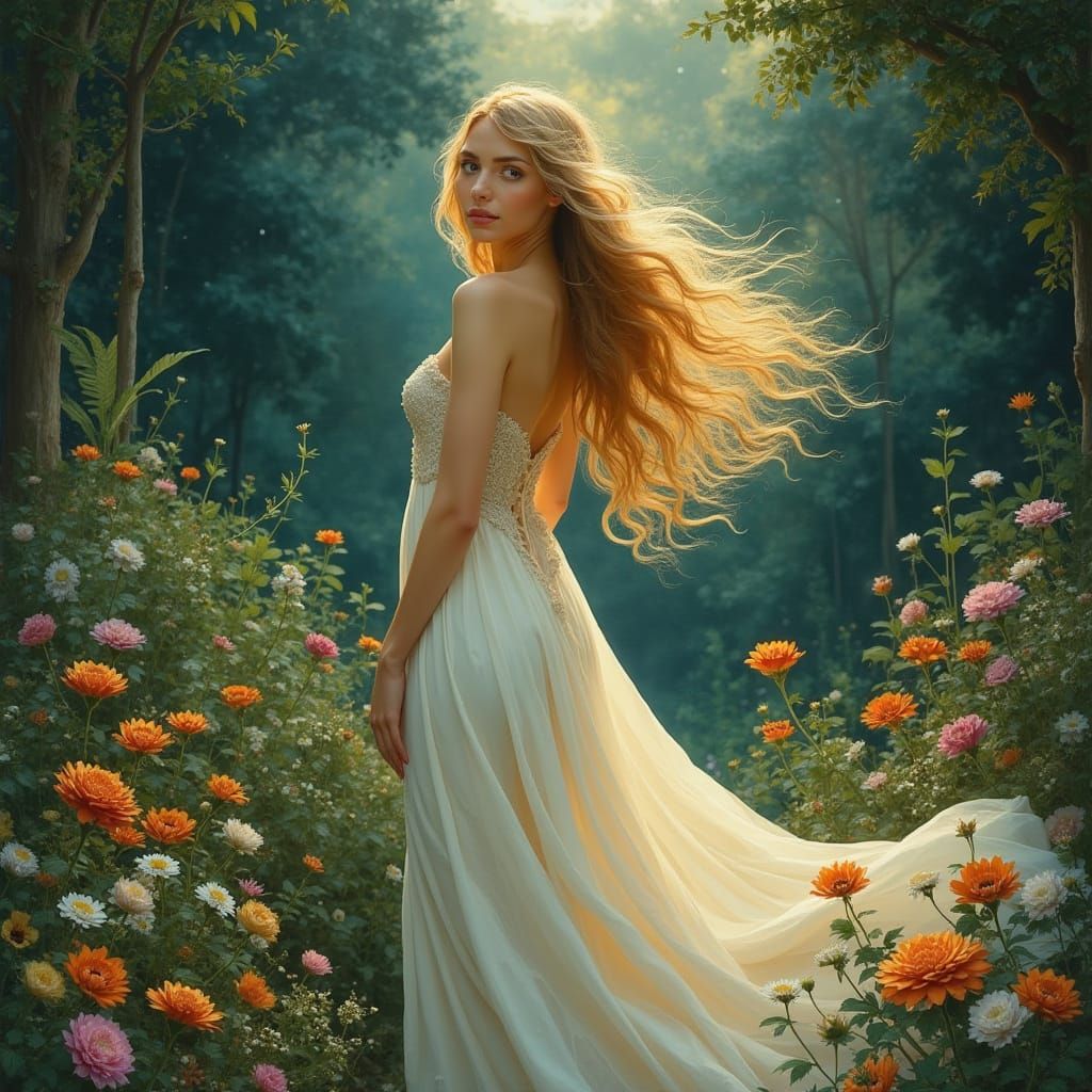 Ethereal Woman in Moonlit Garden, Art Nouveau Style