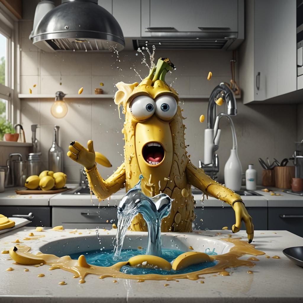 Cartoon Banana Screams While Washing Hands