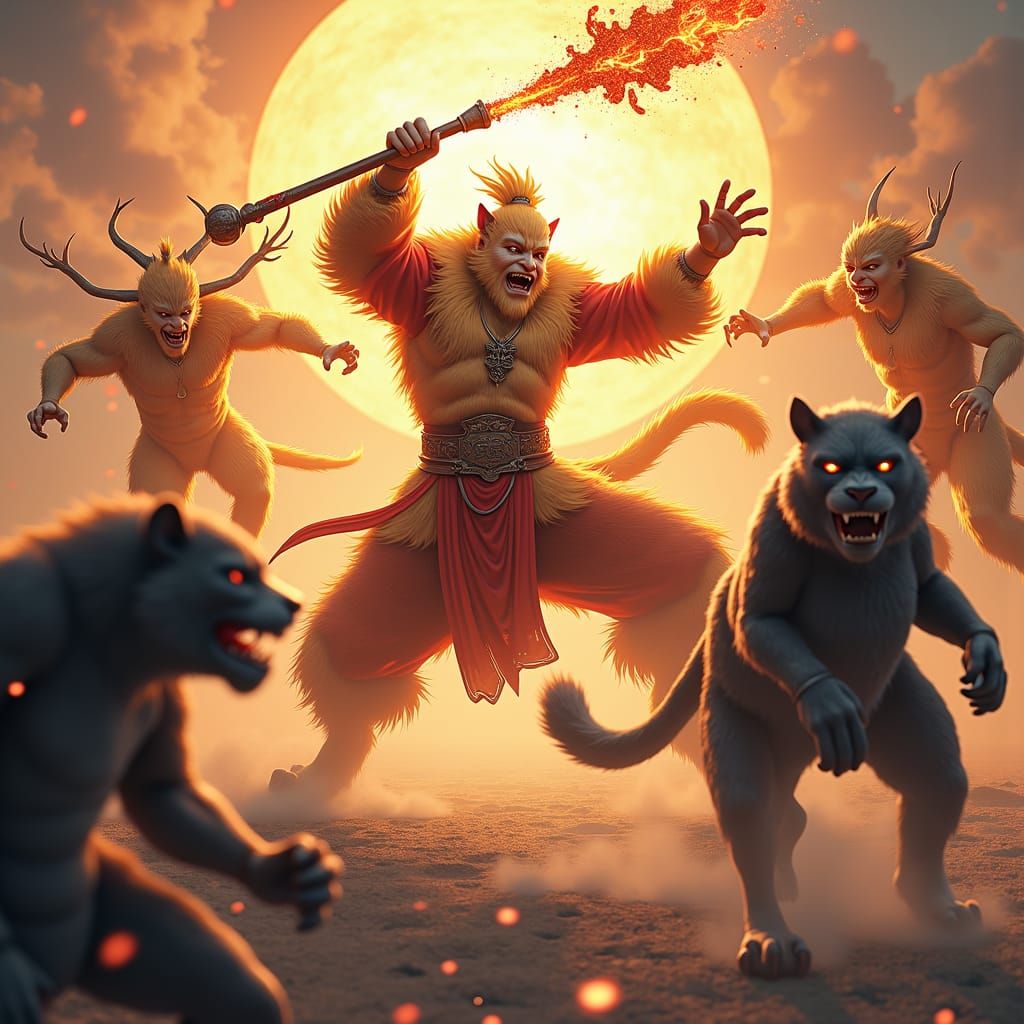 Sun Wukong Battles Deities in 3D Game Art