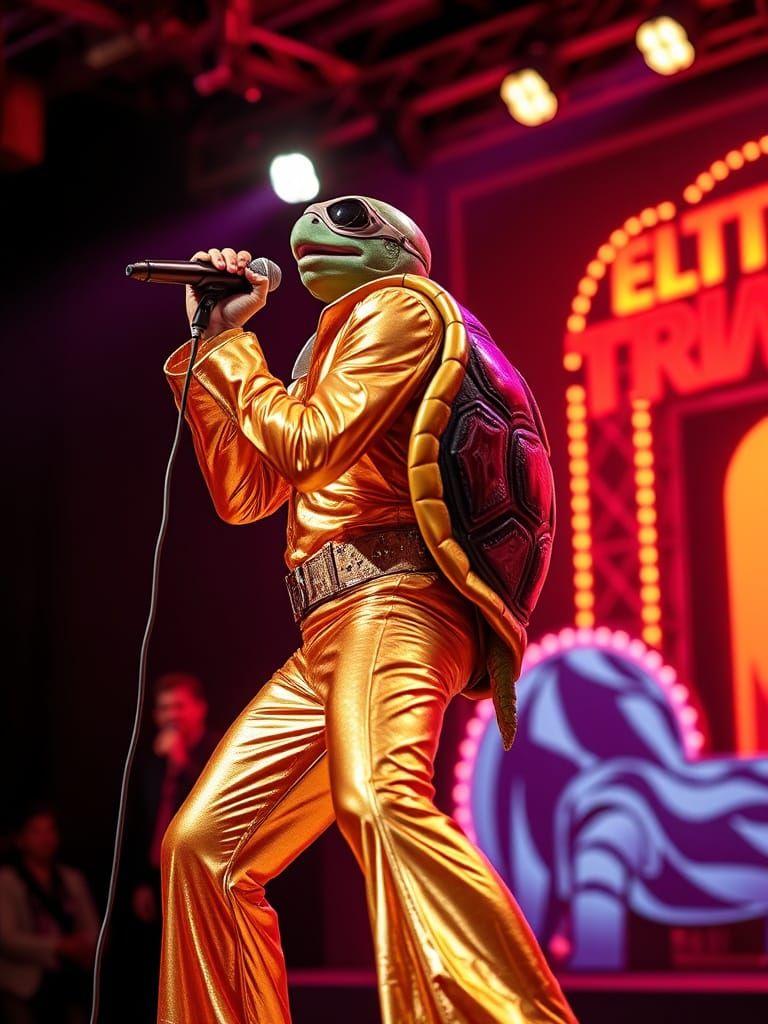 A Turtle Elvis Presley Impersonator wearing Turtle Shell singing on the Las Vegas Stage