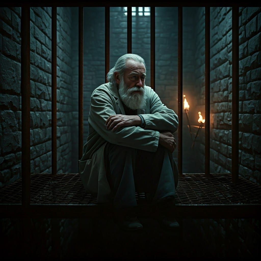 Contemplative Geologist in Gloomy Prison Cell