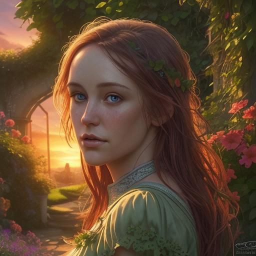 Hyperrealistic Irish Secret Garden at Sunset
