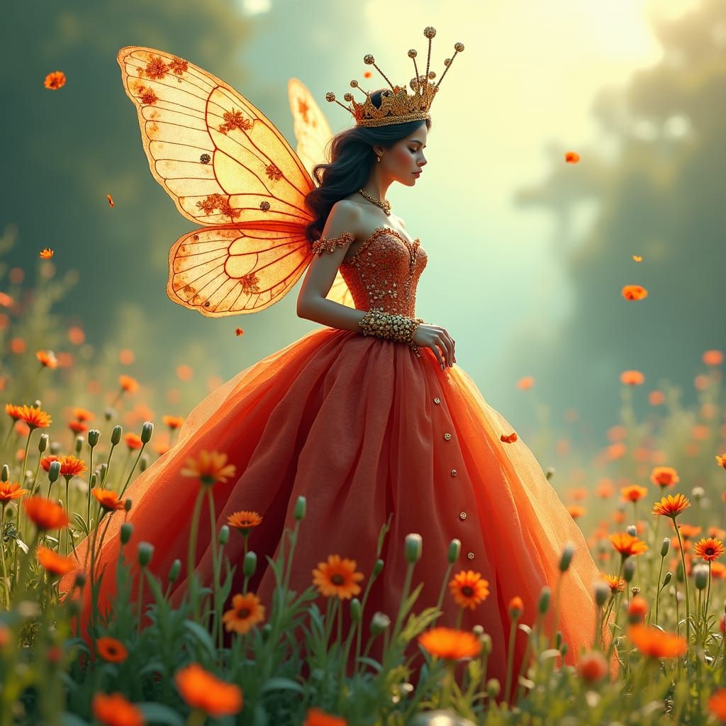 Ladybug Queen in Dreamlike Meadow, Ash Thorp Style