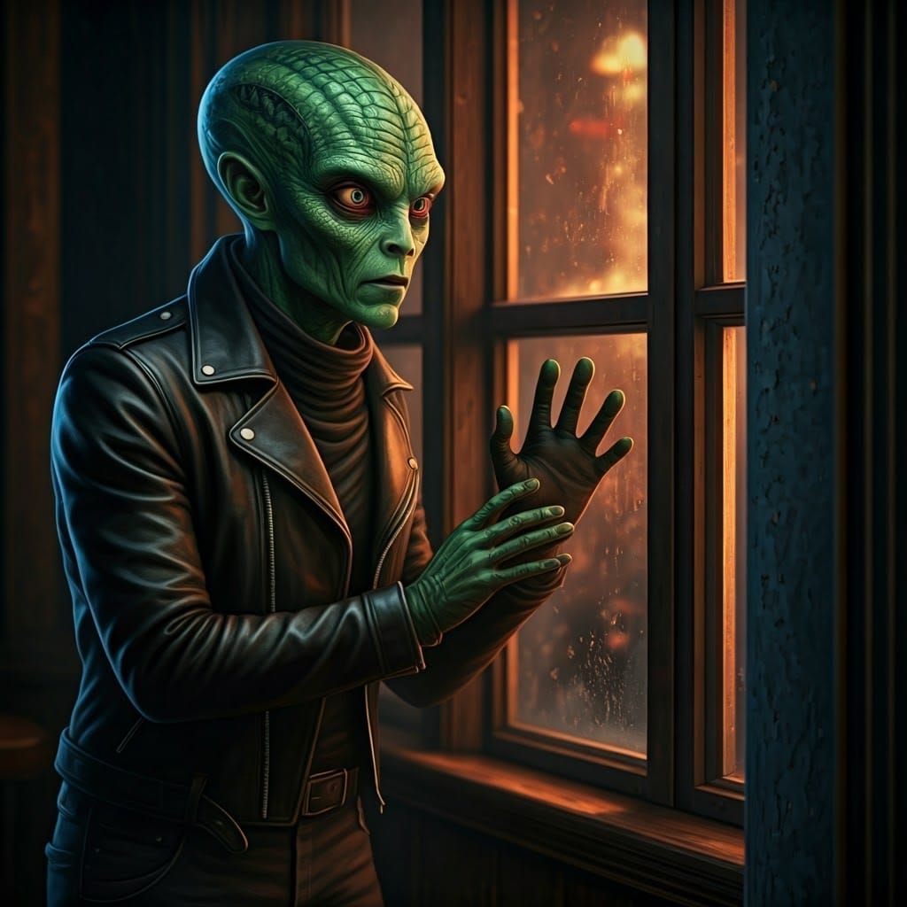 Green Alien Peering into Bar Window in Noir Style