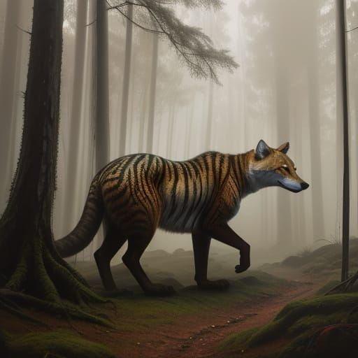 Thylacine in Misty Forest: Oil Painting Concept Art