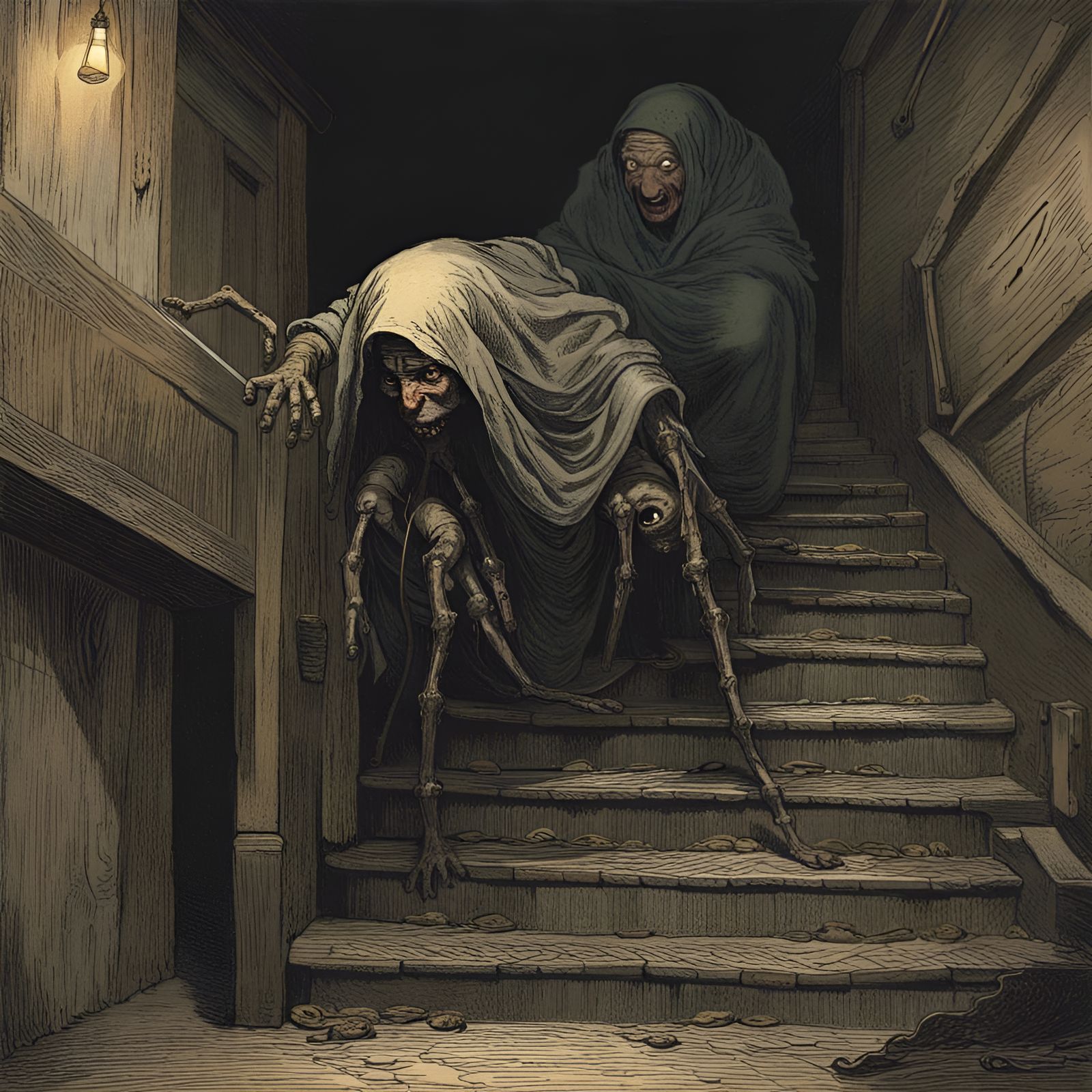 Horrific Spider-Woman Crawling in Medieval Inn