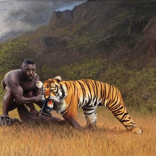 Epic Battle: Man Versus Tiger in Oil Painting Style