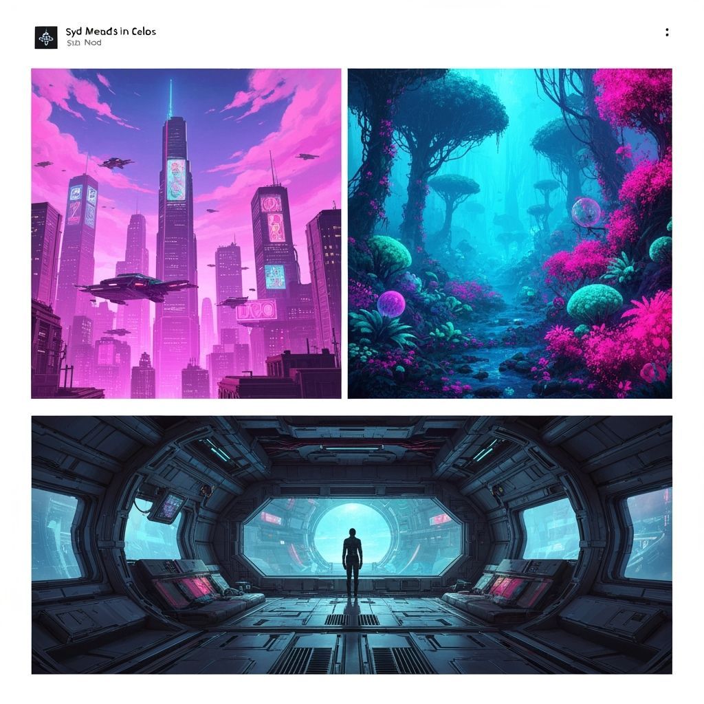Futuristic Trilogy Scene in Dynamic Flowing Colors
