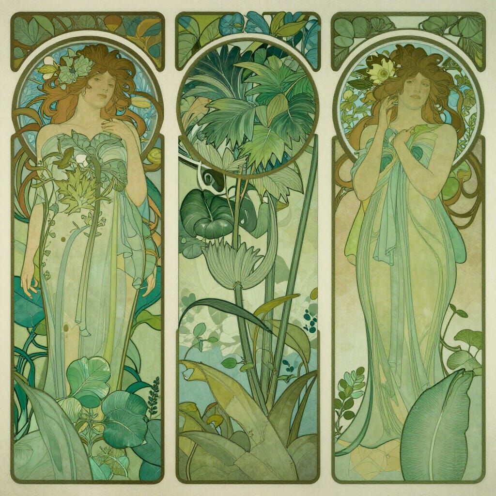Art Nouveau Landscape in Lush Green Hues