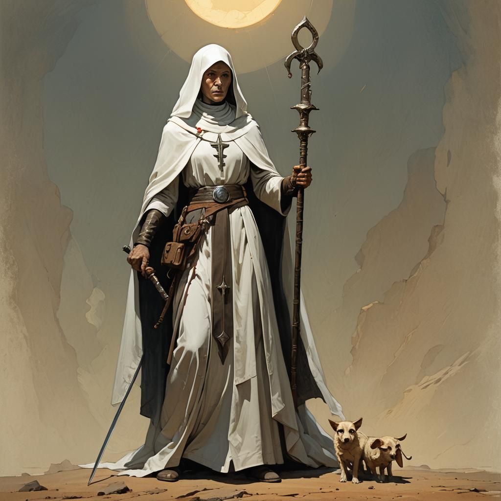 Warrior Nun with Shepherd's Cane in High-Fantasy Style