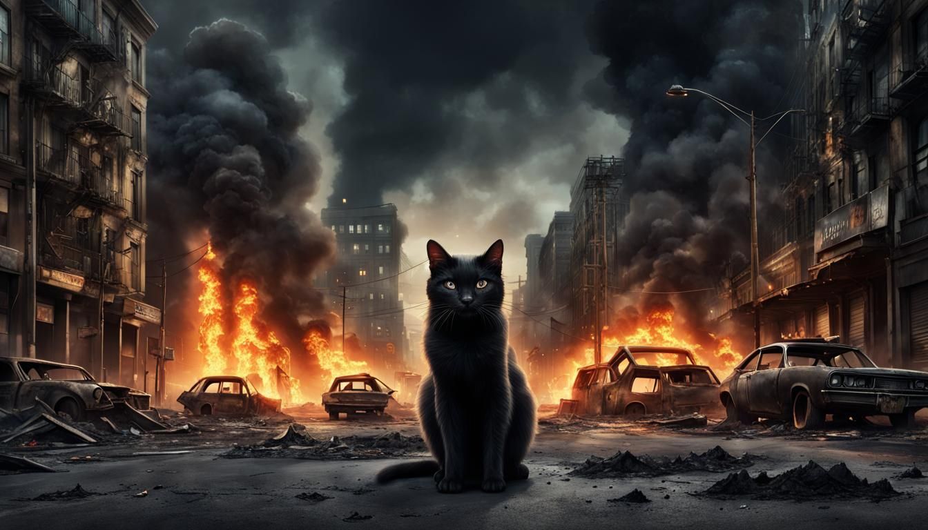Dark Post-Apocalyptic Urban Scene with a Black Cat at Center