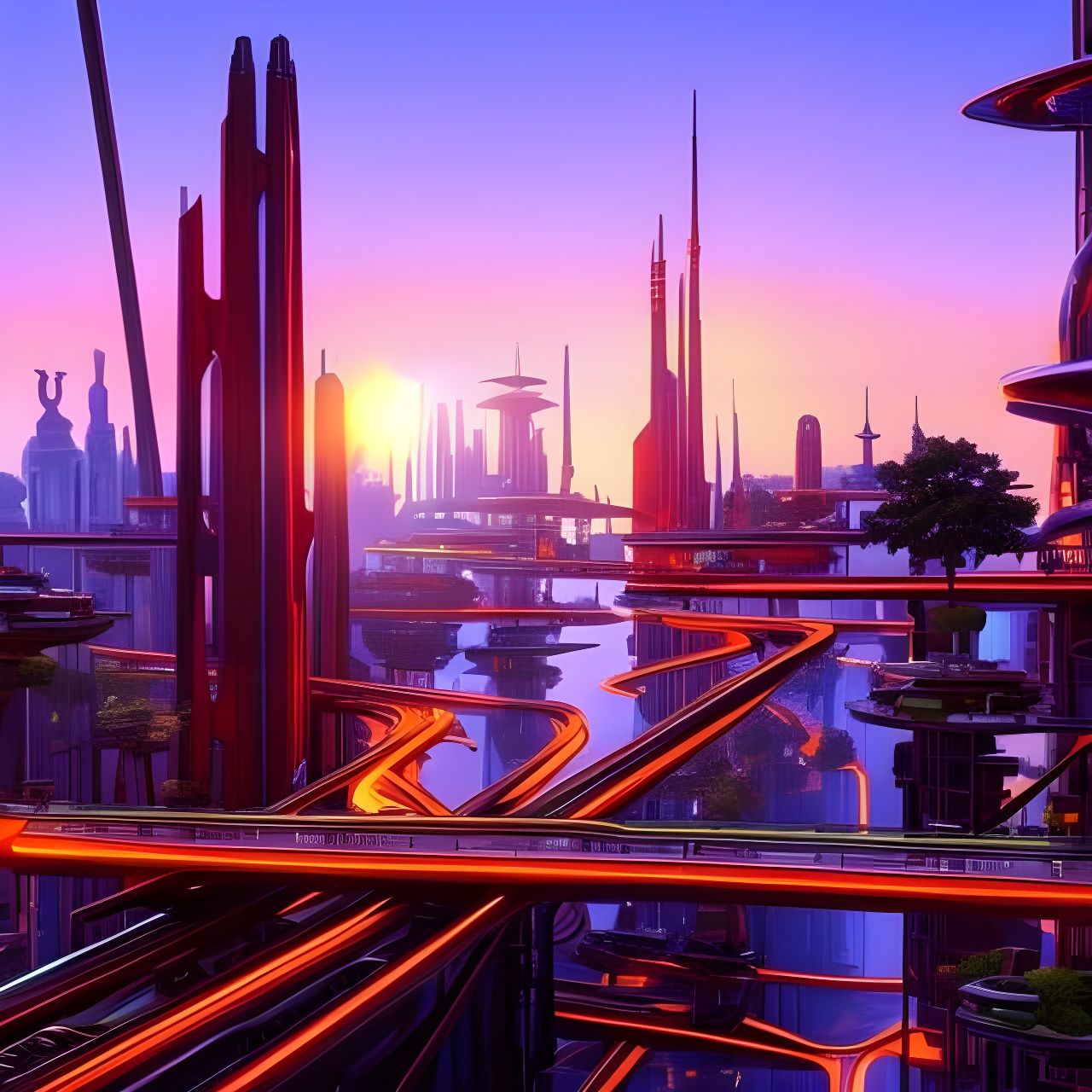 Retrofuturistic City in Trees with Hover Cars