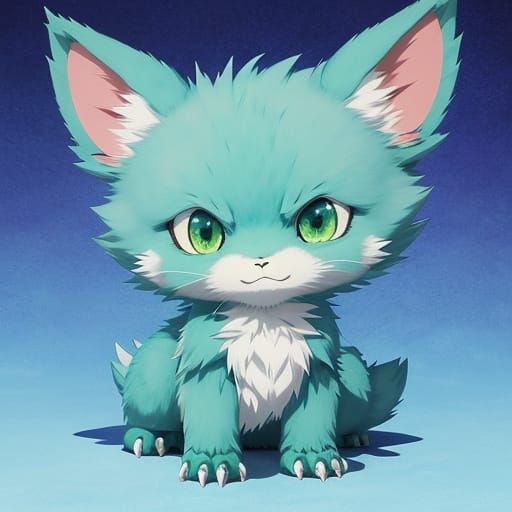 Cute Blue Fuzzball Digimon With Green Eyes