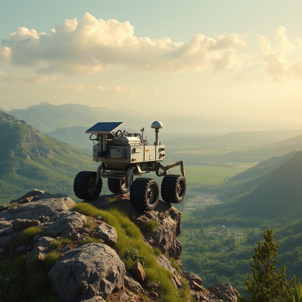 Mars Rover Overlooking Verdant Valley Landscape