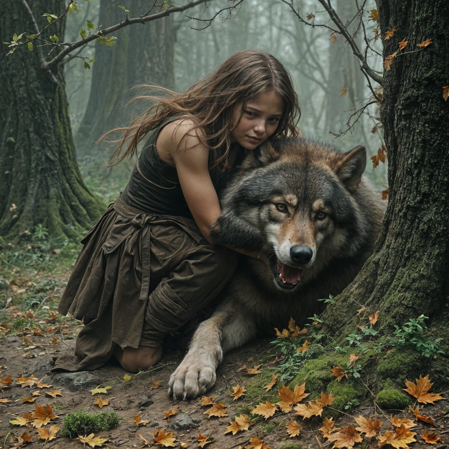 Girl Battles Fierce Wolf in Forest