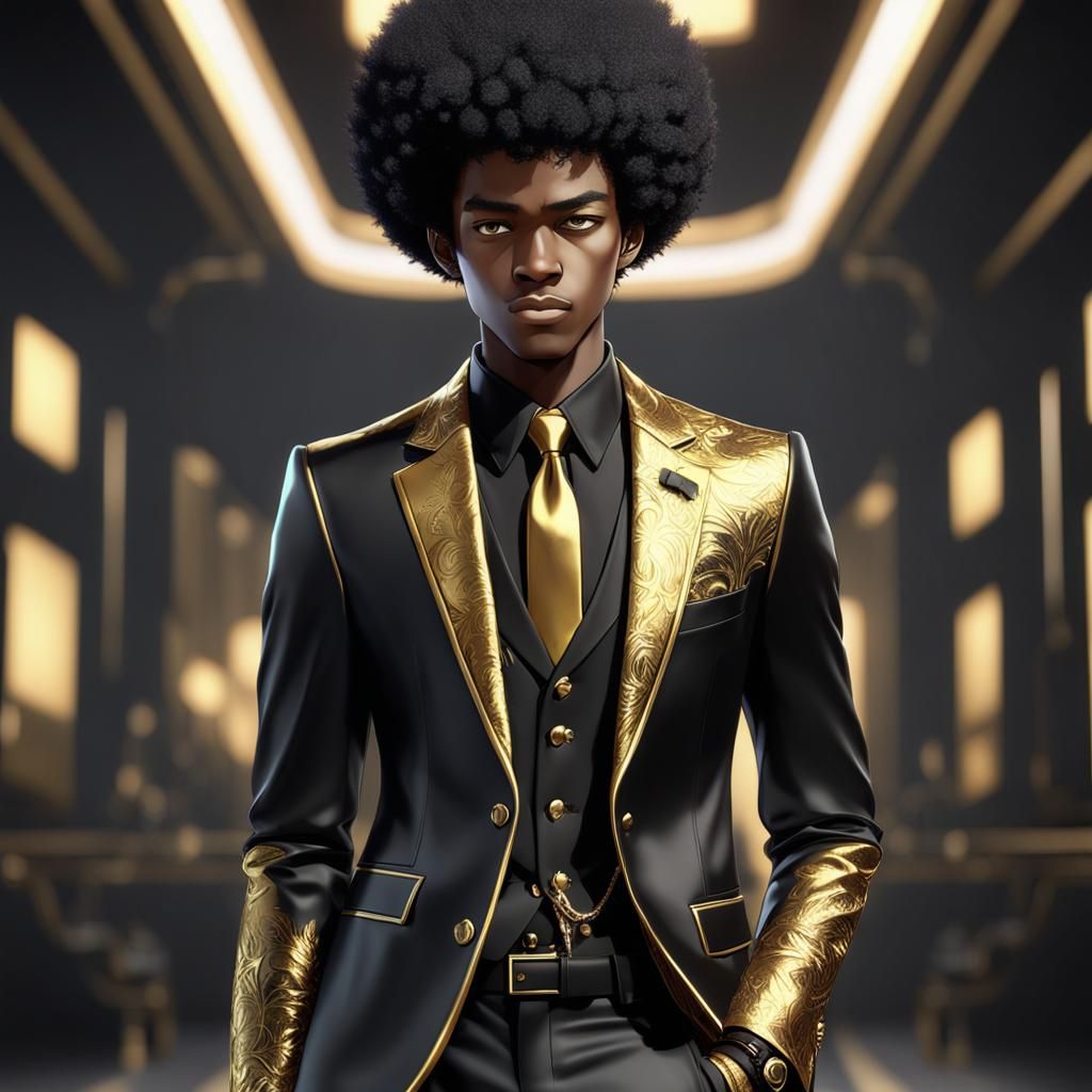 Black Teen in Gold Suit: 3D Anime Art