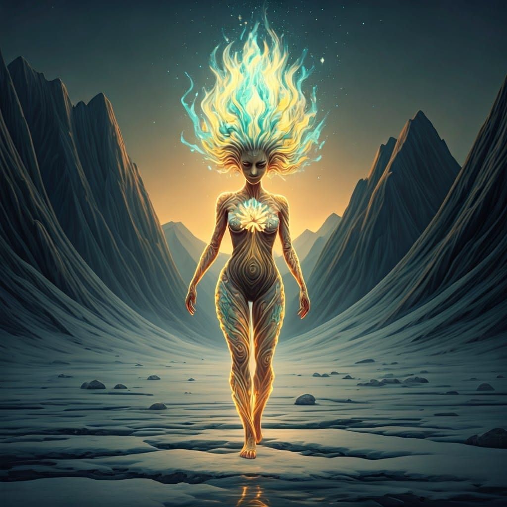 Fiery Figure on Frozen Tundra in Digital Art Style
