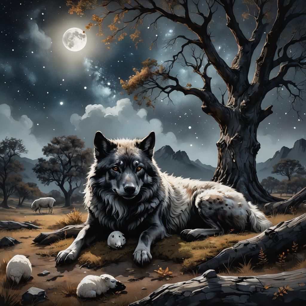 Tender Scene: Wolf and Sheep Stargazing, Matte Painting