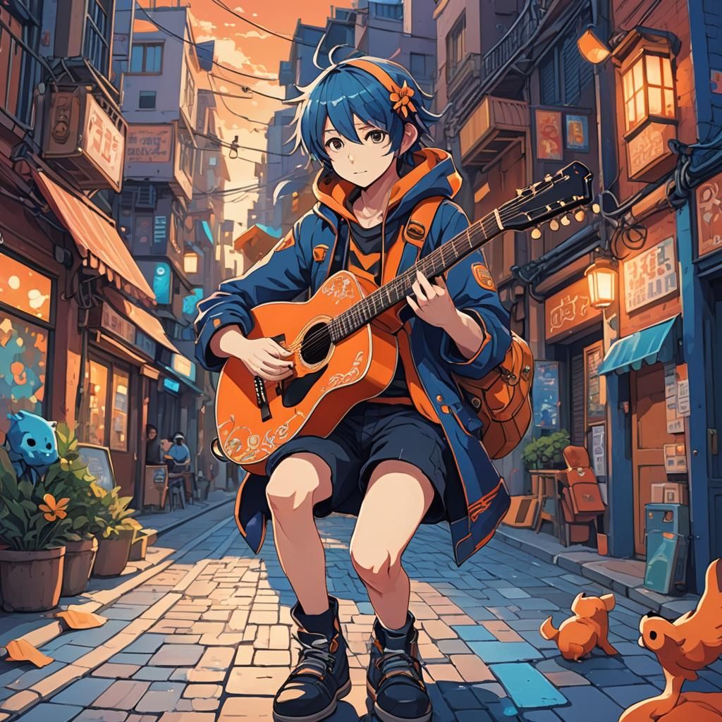 Anime Musician in Fantasy Street: Digital Illustration