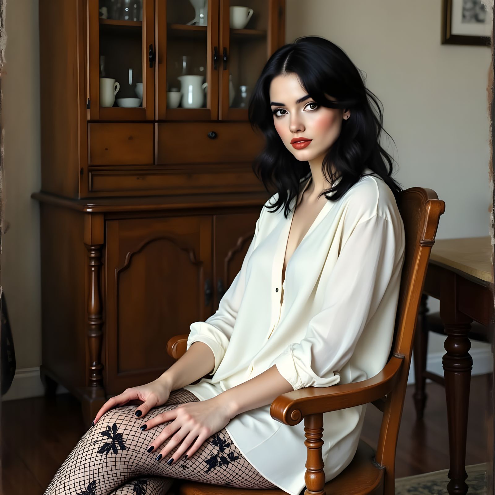 Young Woman in Charcoal and Beige Hues