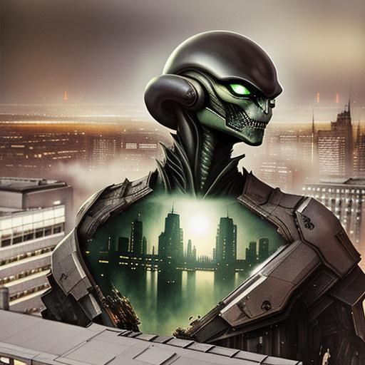 Surreal Double Exposure: Alien and Dystopian Cityscape