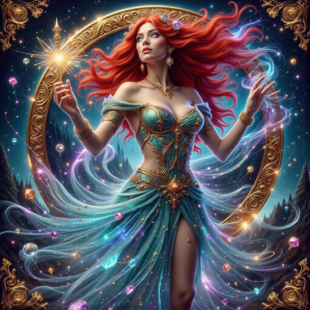 Enchanting Sorceress Casting Spell in Art Nouveau Style