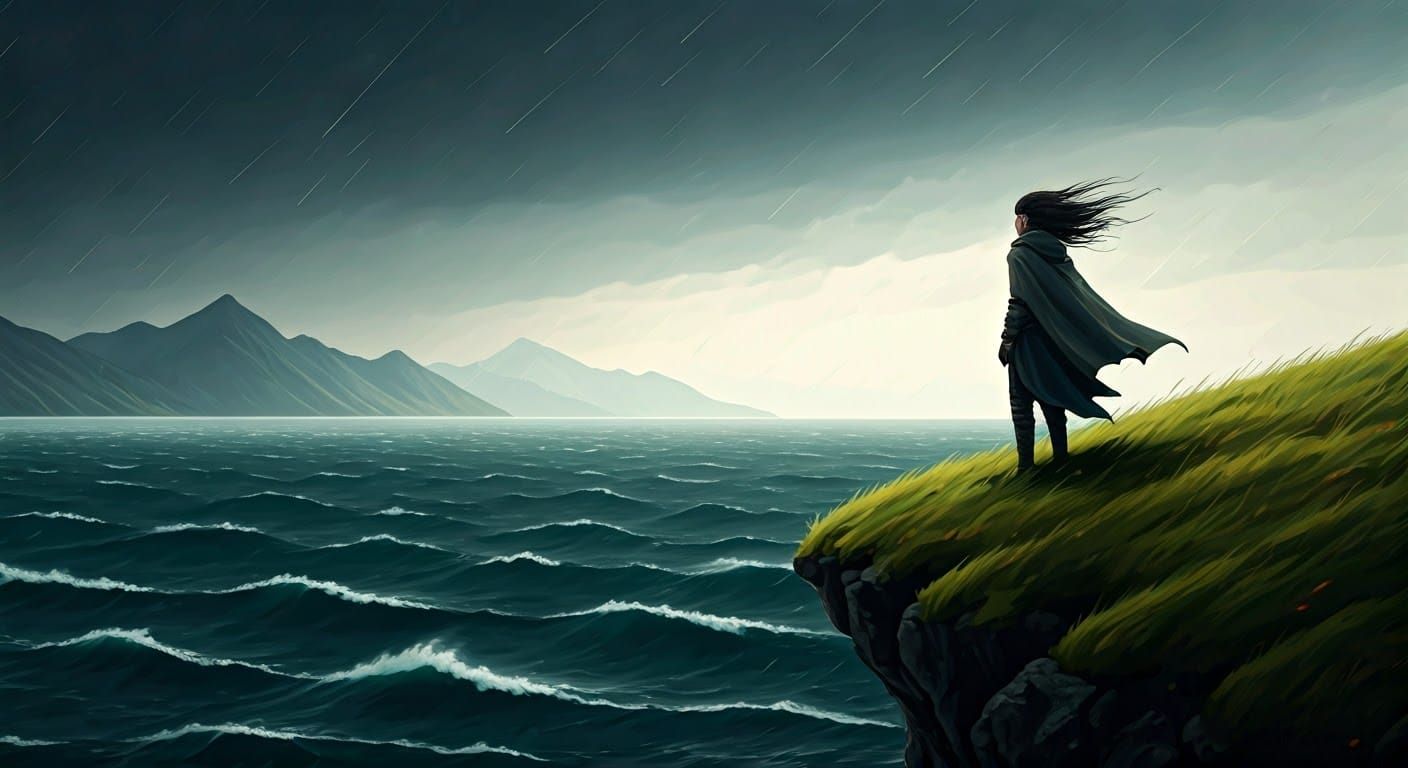 Stormy Cliffside Figure in Dramatic Fantasy Style