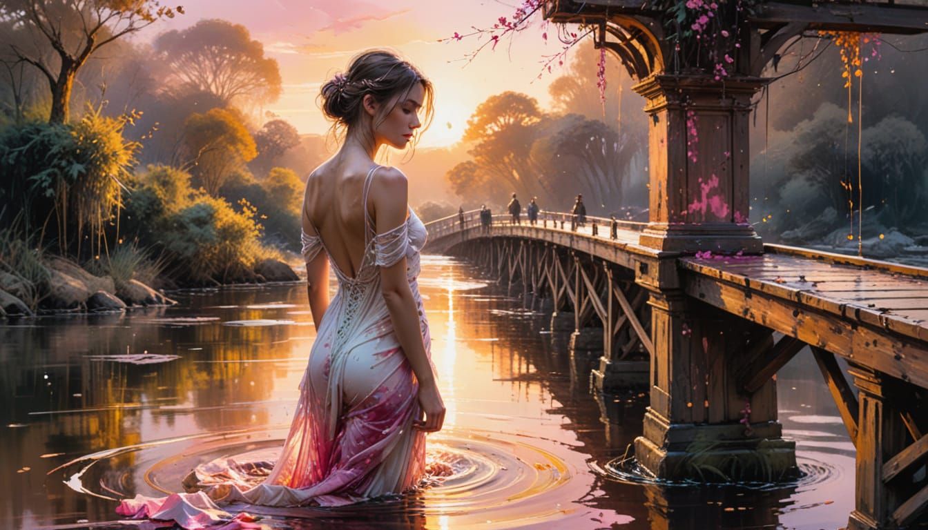 Woman on Bridge at Sunset, Watercolour Style