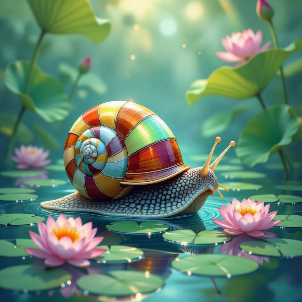 Stained-Glass Snail in Luminous Lotus Garden